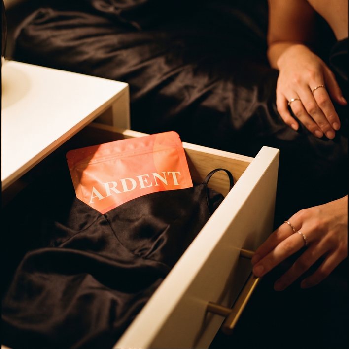A pouch of Ardent lying in a half open bedside drawer on dark silk, a hand on the drawer pull