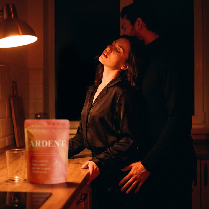 A couple close together in a kitchen at night, the pouch of Ardent on the counter beside an empty glass