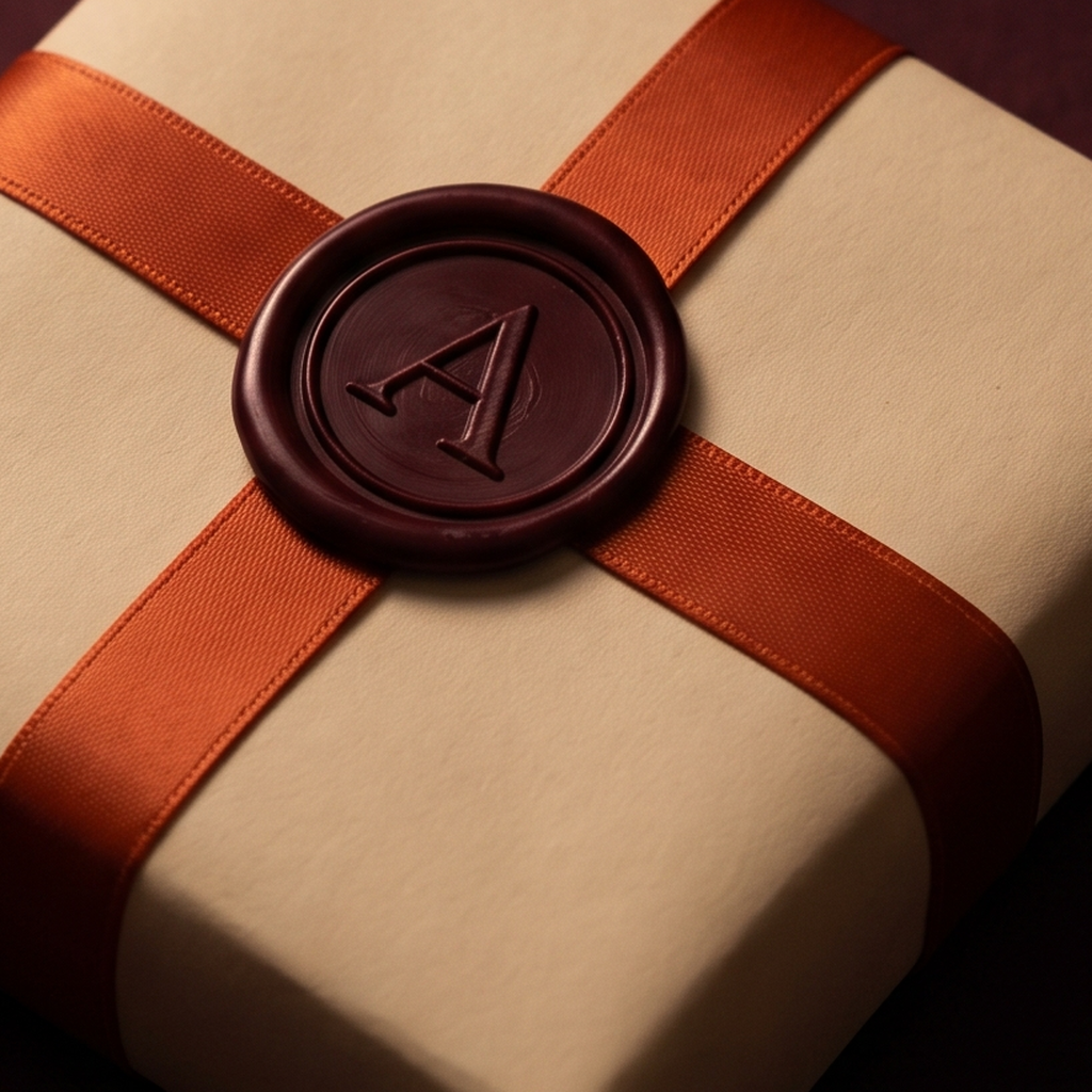 Shipping Protection: a cream parcel tied with an ember ribbon and a wax seal