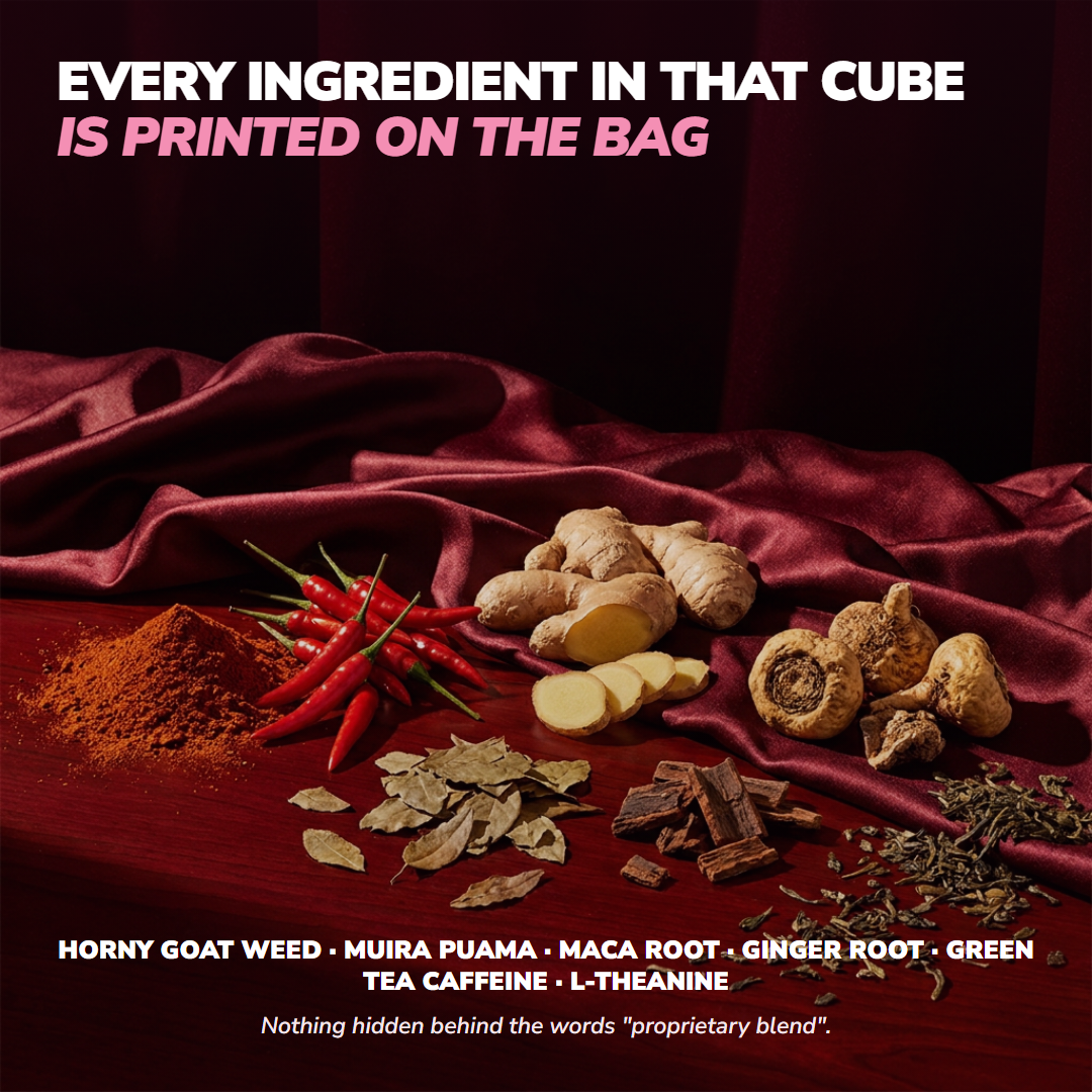 The six actives of Ardent laid out on a dark red table: muira puama bark, horny goat weed leaf, maca root, ginger root and green tea, with the chili of the coating beside them