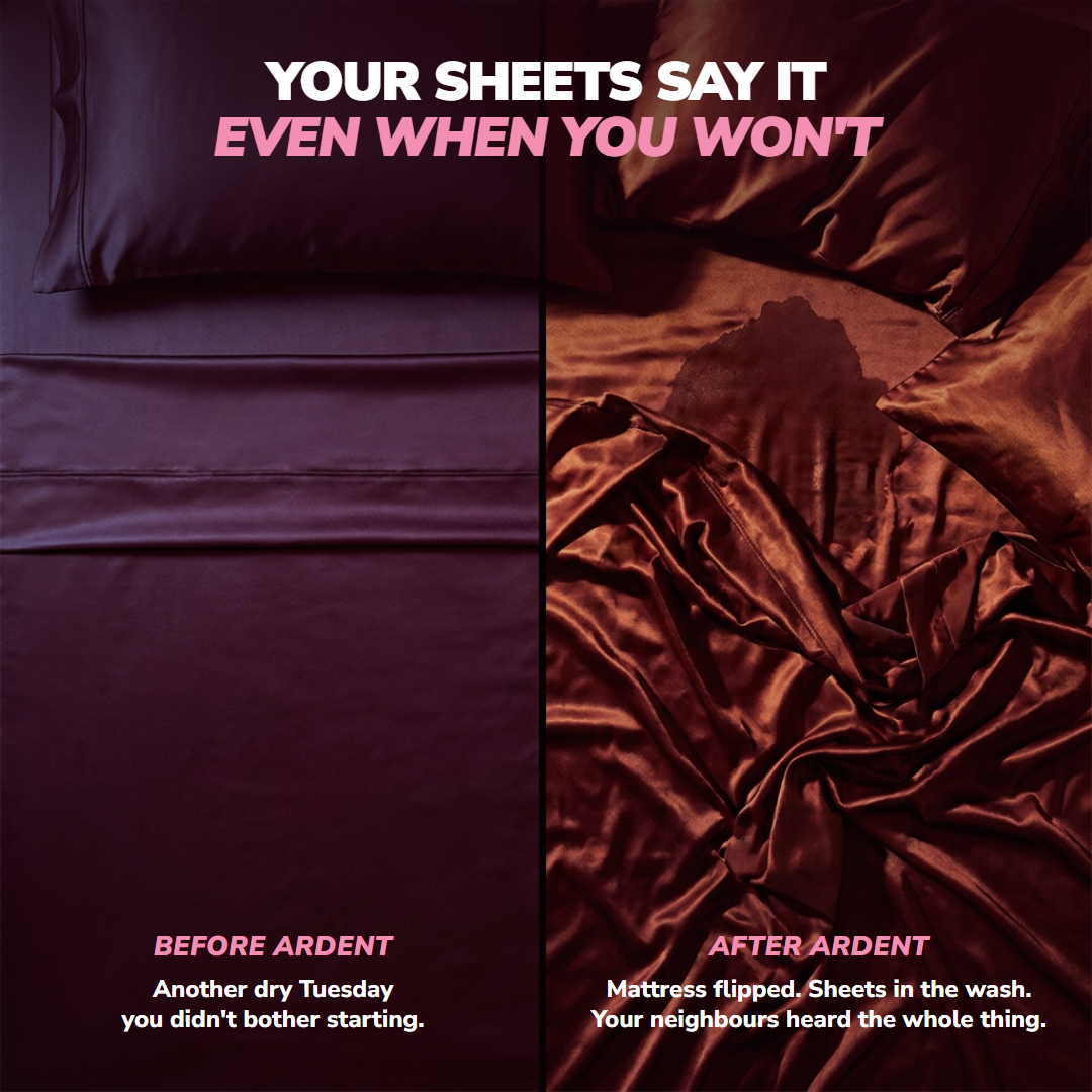 Two halves of the same bed: smooth dry sheets on the left, soaked and wrecked on the right