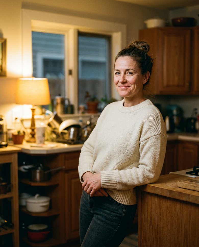 A kitchen at the end of the day, lamp on